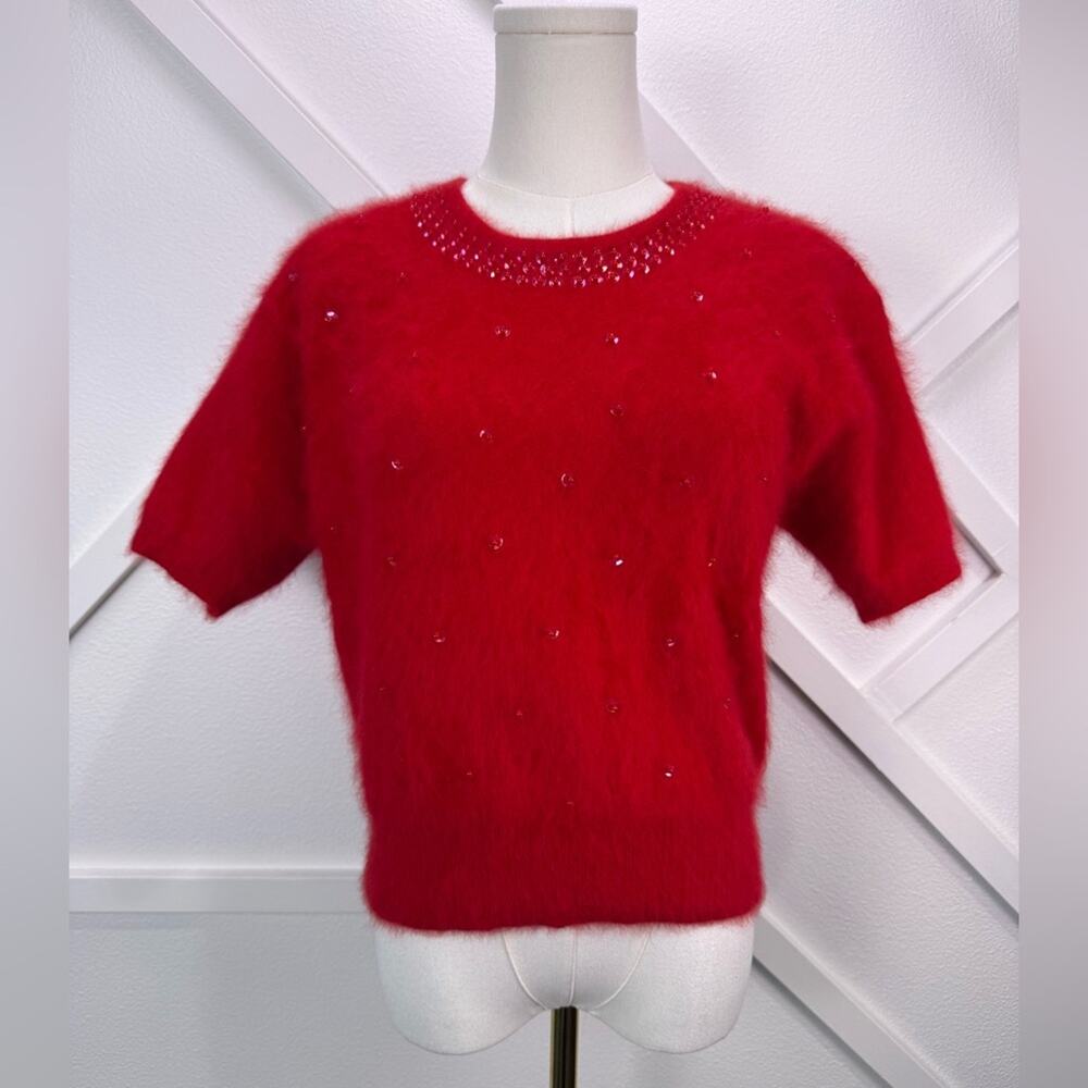 Vintage Nordstrom Angora Rabbit Hair Sweater Red Beaded Short Sleeve Petite Sm